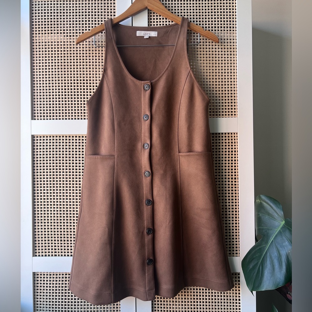 Loft Faux Suede Button Up Mini Dress Oversized Swing/Bell Cut Brown XXSP